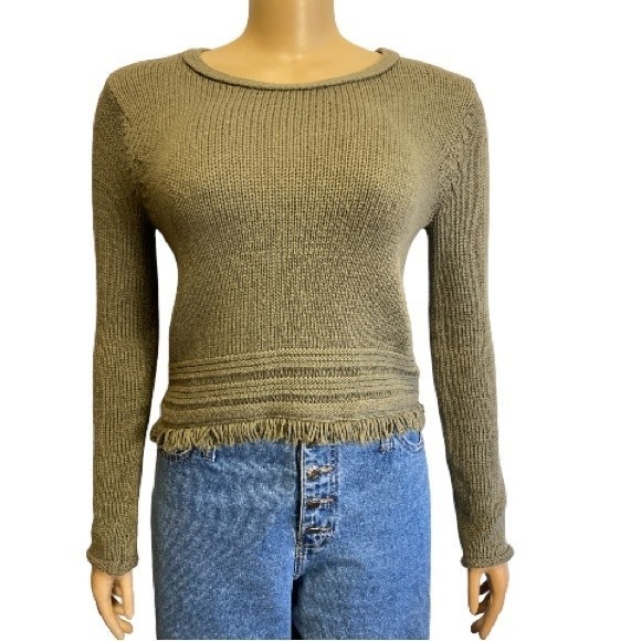 Artisan NY Cropped knit sweater fringe hem Army green rolled cuffs size XS - Picture 3 of 16